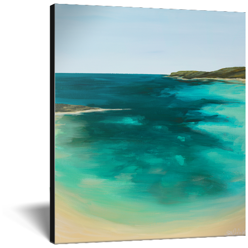 Archival print on canvas of a painting of a vibrant cerulean ocean beach scene in blues and greens with white sands. 