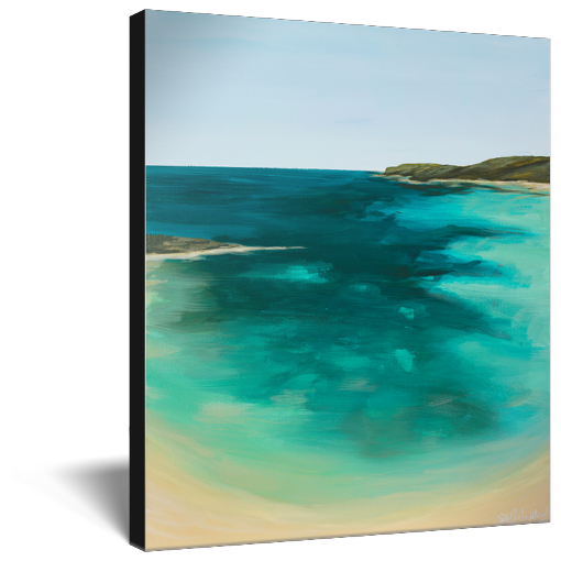 Archival print on canvas of a painting of a vibrant cerulean ocean beach scene in blues and greens with white sands. 