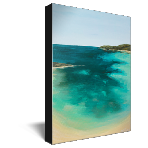 Archival print on canvas of a painting of a vibrant cerulean ocean beach scene in blues and greens with white sands. 