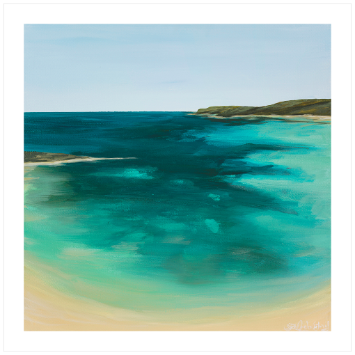 Archival print on matte paper of a painting of a vibrant cerulean ocean beach scene in blues and greens with white sands. 