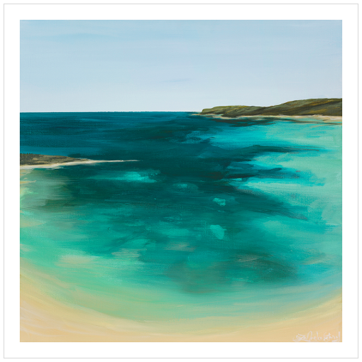 Archival print on matte paper of a painting of a vibrant cerulean ocean beach scene in blues and greens with white sands. 