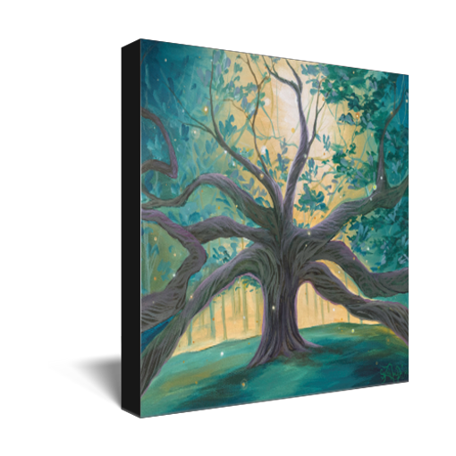 Archival print on canvas of a painting of a giant tree in the forest, its branches reaching beyond the frame, with a sparkling white gold light emanating from the distance.