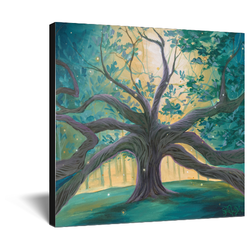 Archival print on canvas of a painting of a giant tree in the forest, its branches reaching beyond the frame, with a sparkling white gold light emanating from the distance.