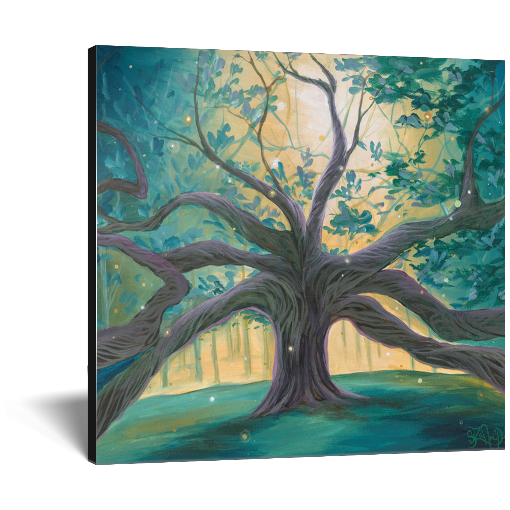 Archival print on canvas of a painting of a giant tree in the forest, its branches reaching beyond the frame, with a sparkling white gold light emanating from the distance. 