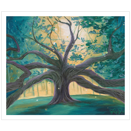 Archival print on matte paper of a painting of a giant tree in the forest, its branches reaching beyond the frame, with a sparkling white gold light emanating from the distance. 