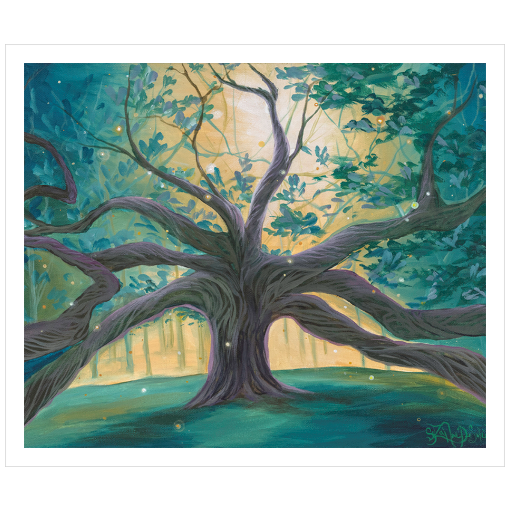 Archival print on matte paper of a painting of a giant tree in the forest, its branches reaching beyond the frame, with a sparkling white gold light emanating from the distance. 