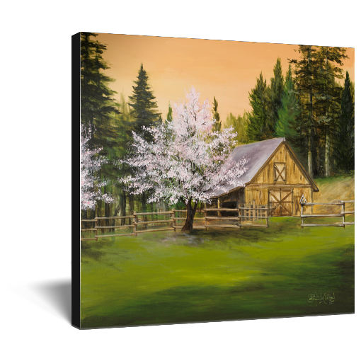 Archival print on canvas of a painting of a lush green mountain landscape, trees in spring blossom, and a rustic barn surrounded by evergreen pine trees under a soft peach colored sky. 