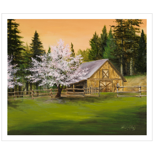 Archival print on matte paper of a painting of a lush green mountain landscape, trees in spring blossom, and a rustic barn surrounded by evergreen pine trees under a soft peach colored sky. 