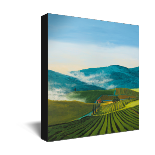 Archival print on canvas of a painting of lush green fields, misty blue rolling hills, farmland, and a windbreak of trees under a soft blue sky. 