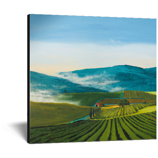 Archival print on canvas of a painting of lush green fields, misty blue rolling hills, farmland, and a windbreak of trees under a soft blue sky. 