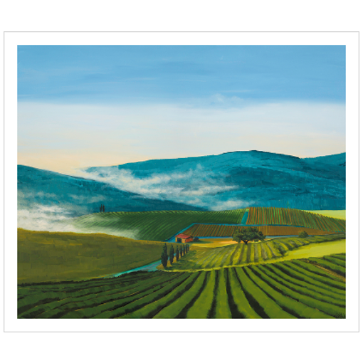 Archival print on matte paper of a painting of lush green fields, misty blue rolling hills, farmland, and a windbreak of trees under a soft blue sky. 
