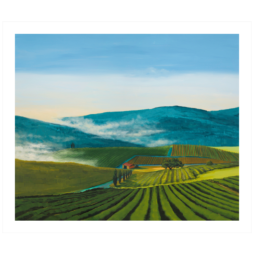 Archival print on matte paper of a painting of lush green fields, misty blue rolling hills, farmland, and a windbreak of trees under a soft blue sky. 