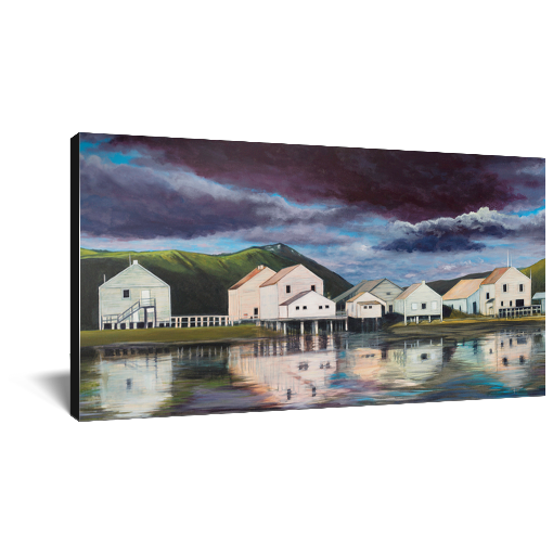 Archival print on canvas of a contemporary landscape painting of a quiet seaside town and green hills reflecting in calm waters under a stormy purple sky. 
