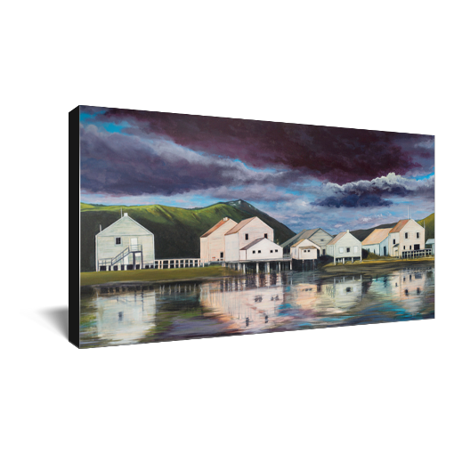 Archival print on canvas of a contemporary landscape painting of a quiet seaside town and green hills reflecting in calm waters under a stormy purple sky. 