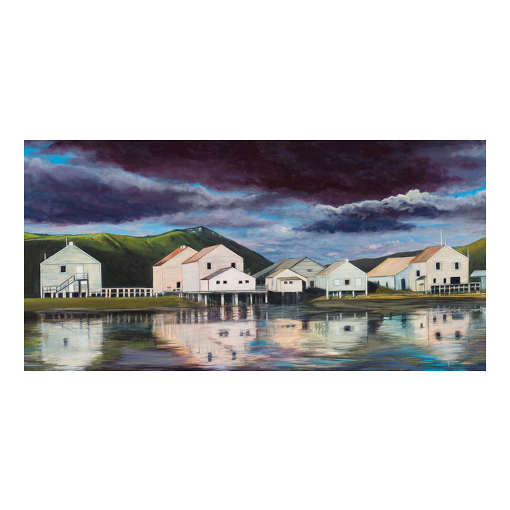Archival print on matte paper of a contemporary landscape painting of a quiet seaside town and green hills reflecting in calm waters under a stormy purple sky. 