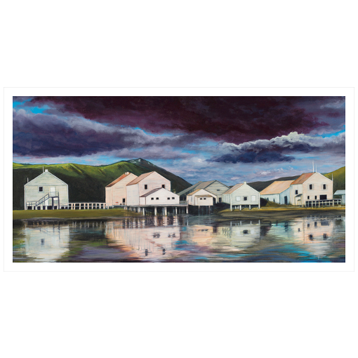 Archival print on matte paper of a contemporary landscape painting of a quiet seaside town and green hills reflecting in calm waters under a stormy purple sky. 