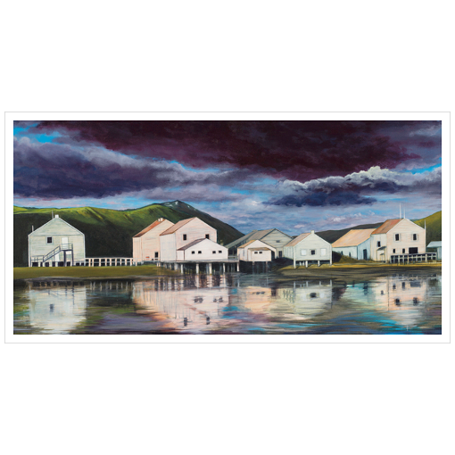 Archival print on matte paper of a contemporary landscape painting of a quiet seaside town and green hills reflecting in calm waters under a stormy purple sky. 