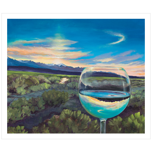 Archival print on matte paper of a painting of a sagebrush landscape refracting in a glass of white wine under a blue evening sky with a mountain range on the horizon.