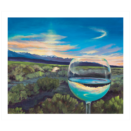 Archival print on matte paper of a painting of a sagebrush landscape refracting in a glass of white wine under a blue evening sky with a mountain range on the horizon.