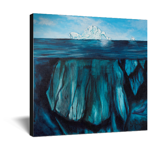 Archival print on canvas of a painting of an underwater scene with the tip of an iceberg pointing up at a bright blue sky. 