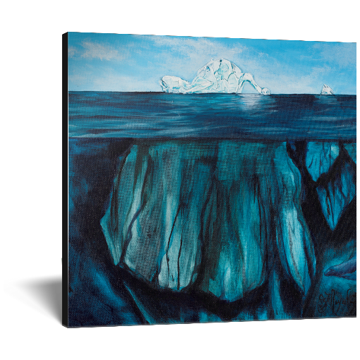 Archival print on canvas of a painting of an underwater scene with the tip of an iceberg pointing up at a bright blue sky. 