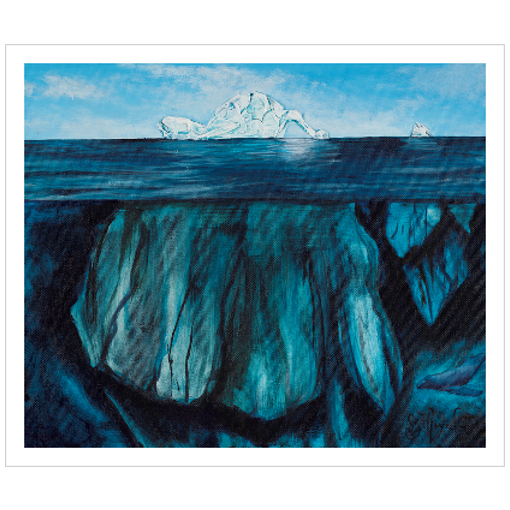 Archival print on matte paper of a painting of an underwater scene with the tip of an iceberg pointing up at a bright blue sky. 