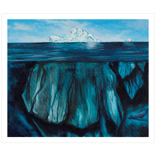 Archival print on matte paper of a painting of an underwater scene with the tip of an iceberg pointing up at a bright blue sky. 
