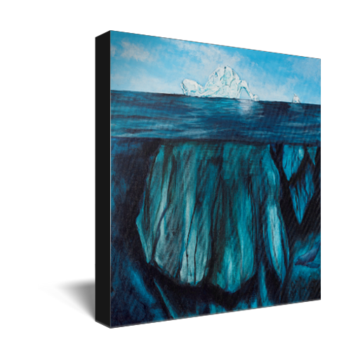 Archival print on canvas of a painting of an underwater scene with the tip of an iceberg pointing up at a bright blue sky. 