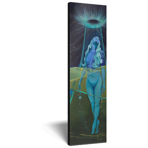 Archival print on canvas of a painting of an ethereal blue female figure standing in a green landscape surrounded by a cosmic beam of blue light descending from the night sky. 
