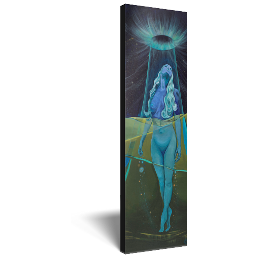 Archival print on canvas of a painting of an ethereal blue female figure standing in a green landscape surrounded by a cosmic beam of blue light descending from the night sky. 