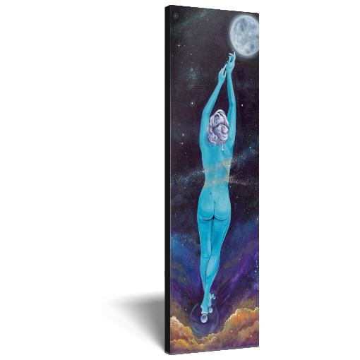 Archival print on canvas of a painting of an ethereal blue female figure with a moonlit background, surrounded by stars and a large full moon.