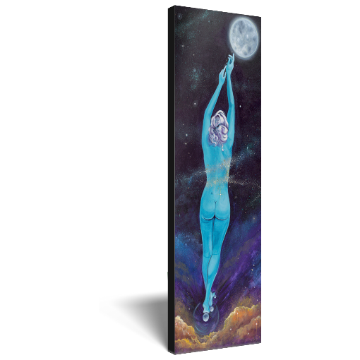 Archival print on canvas of a painting of an ethereal blue female figure with a moonlit background, surrounded by stars and a large full moon.