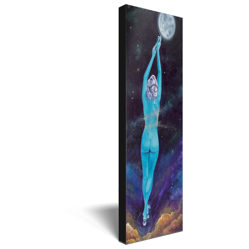 Archival print on canvas of a painting of an ethereal blue female figure with a moonlit background, surrounded by stars and a large full moon.