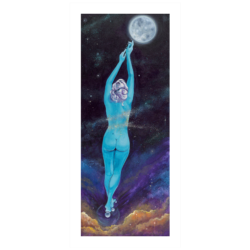 Archival print on matte paper of a painting of an ethereal blue female figure with a moonlit background, surrounded by stars and a large full moon.