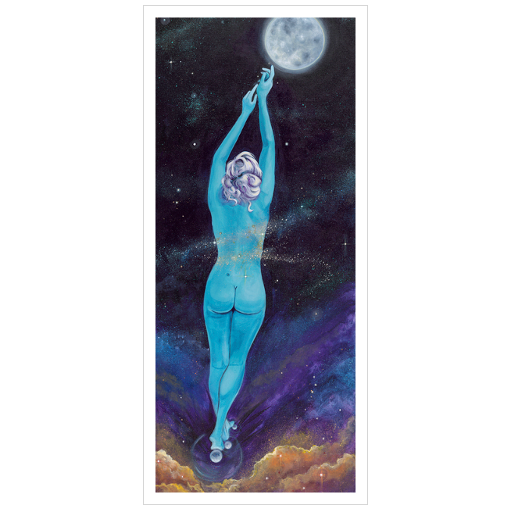 Archival print on matte paper of a painting of an ethereal blue female figure with a moonlit background, surrounded by stars and a large full moon.
