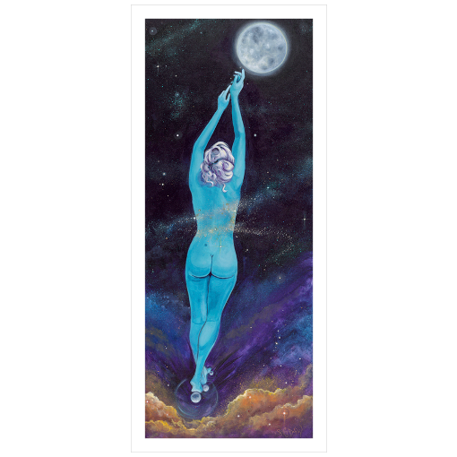 Archival print on matte paper of a painting of an ethereal blue female figure with a moonlit background, surrounded by stars and a large full moon.