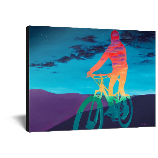 Archival print on canvas of a contemporary landscape painting of a rainbow hued figure riding a bike through purple foothills under a twilight sky. 