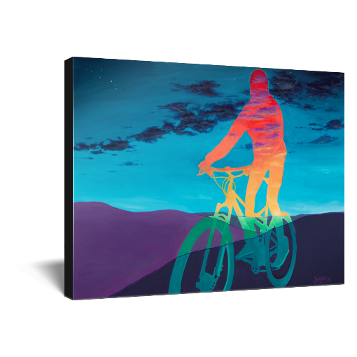 Archival print on canvas of a contemporary landscape painting of a rainbow hued figure riding a bike through purple foothills under a twilight sky. 