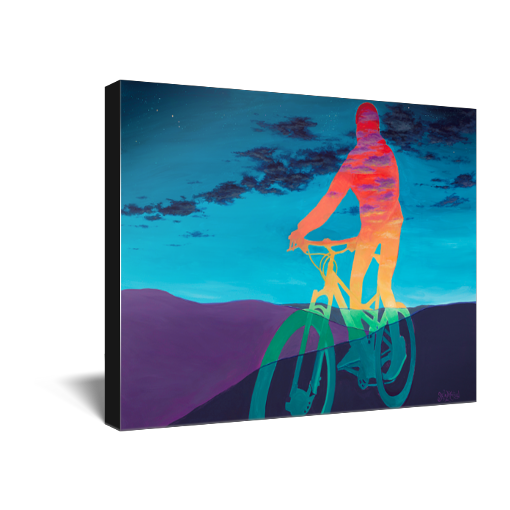 Archival print on canvas of a contemporary landscape painting of a rainbow hued figure riding a bike through purple foothills under a twilight sky. 