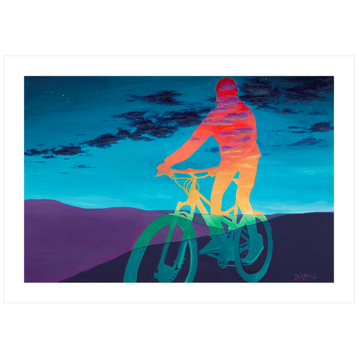 Archival print on matte paper of a contemporary landscape painting of a rainbow hued figure riding a bike through purple foothills under a twilight sky. 