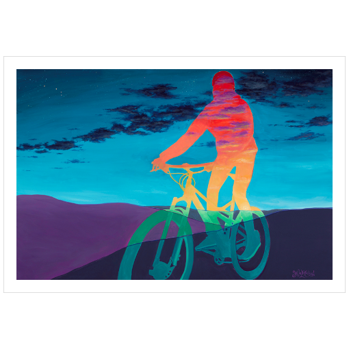 Archival print on matte paper of a contemporary landscape painting of a rainbow hued figure riding a bike through purple foothills under a twilight sky. 