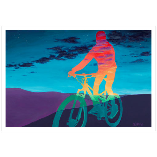 Archival print on matte paper of a contemporary landscape painting of a rainbow hued figure riding a bike through purple foothills under a twilight sky. 