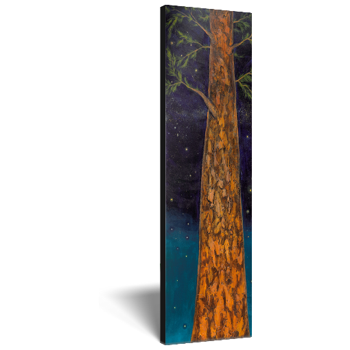 Archival print on canvas of a painting of a tree trunk reaching to the stars in the night sky. 