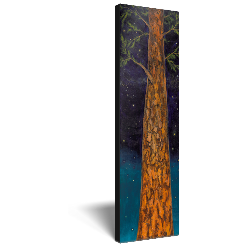 Archival print on canvas of a painting of a tree trunk reaching to the stars in the night sky. 