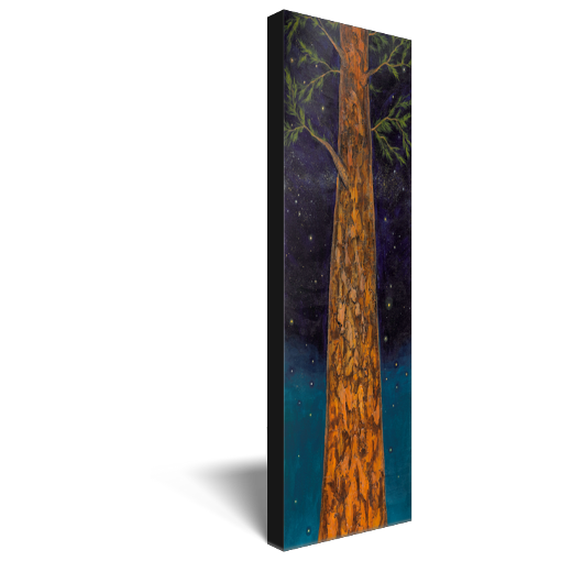 Archival print on canvas of a painting of a tree trunk reaching to the stars in the night sky. 