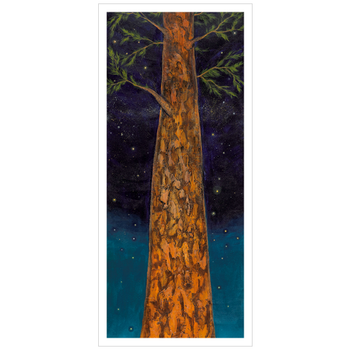 Archival print on matte paper of a painting of a tree trunk reaching to the stars in the night sky. 