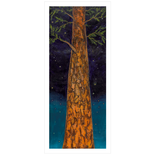 Archival print on matte paper of a painting of a tree trunk reaching to the stars in the night sky. 