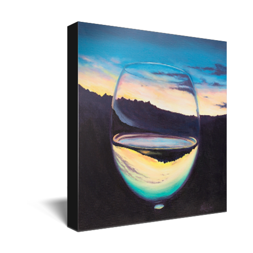 Archival print on canvas of a painting of a glass of white wine refracting a scenic landscape with a serene evening atmosphere.