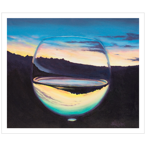 Archival print on matte paper of a painting of glass of white wine refracting a scenic landscape with a serene evening atmosphere.