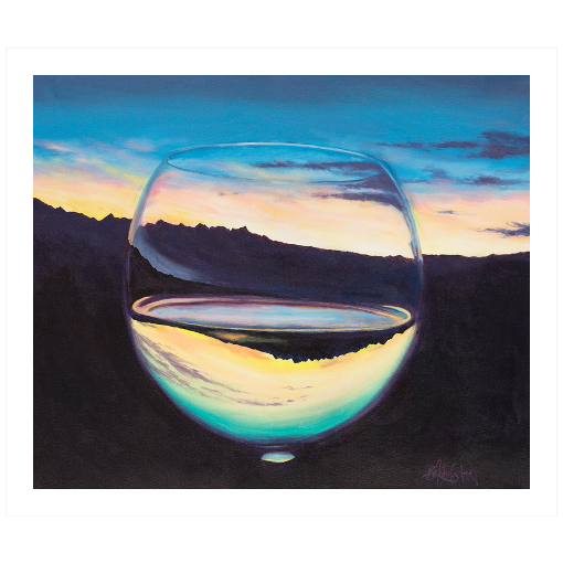 Archival print on matte paper of a painting of glass of white wine refracting a scenic landscape with a serene evening atmosphere.